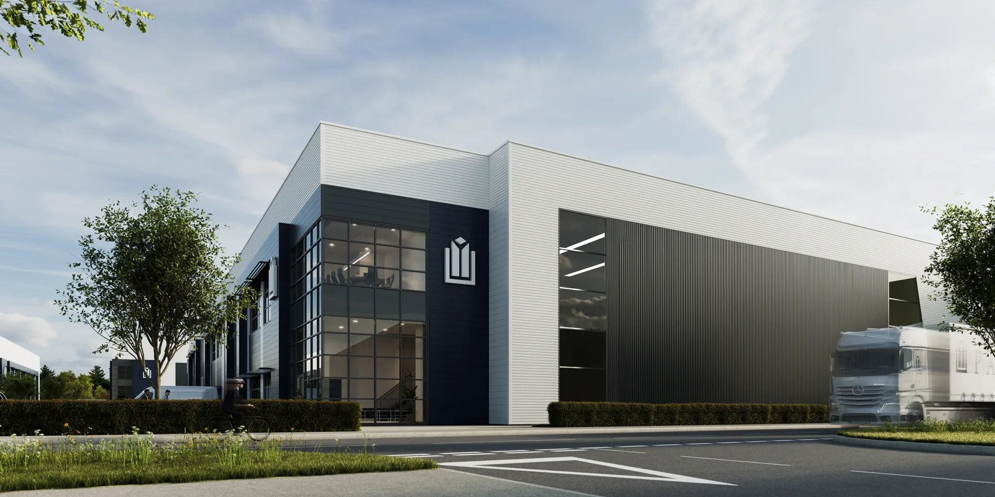 Ground-level CGI of one of the units at Panattoni Park Heathrow, with Panattoni lorry driving past the unit