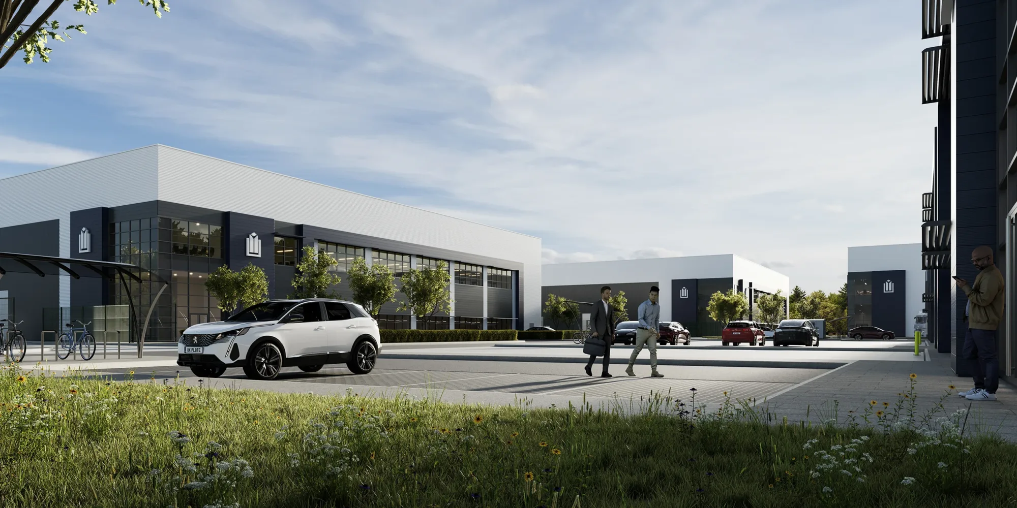 Ground-level CGI shot of Panattoni Park Heathrow, with people walking towards entrance of one of the buildings, and cars in the car park
