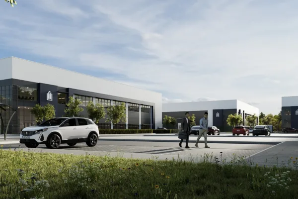Ground-level CGI shot of Panattoni Park Heathrow, with people walking towards entrance of one of the buildings, and cars in the car park