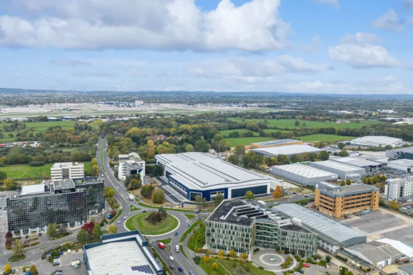 Drone photo of Panattoni Park Crawley, with Gatwick Airport in the background