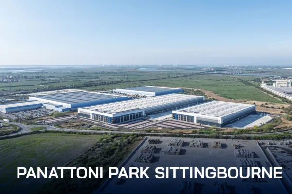 Panattoni Park Sittingbourne aerial drone shot of full park with road network in foreground