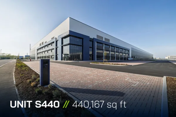 Panattoni Park Sittingbourne Unit S440 external shot with building in background, and EV charger in foreground