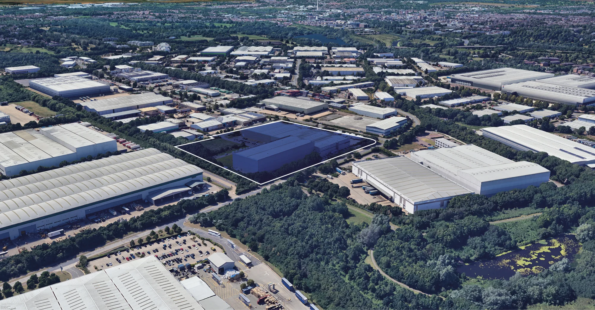 Panattoni Park Brackmills existing site in aerial photo, with keyline around the building