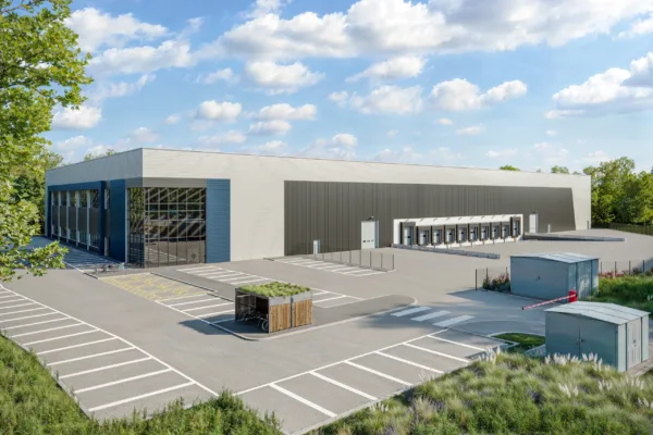 CGI of a warehouse and loading bays.